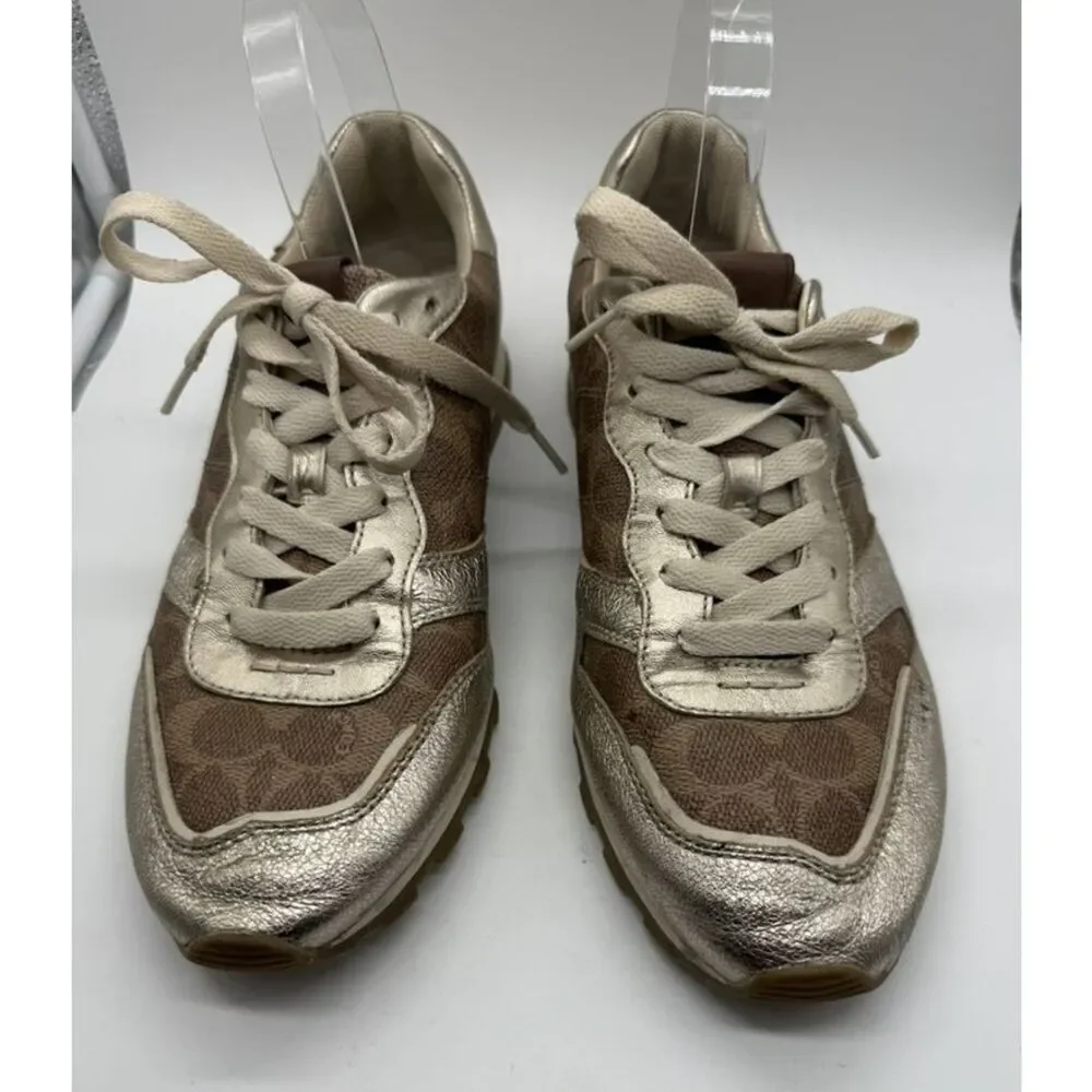 Coach C118 Runner‎ Womens Size 8.5 Gold Brown Monogram Metallic Lace Up Sneakers